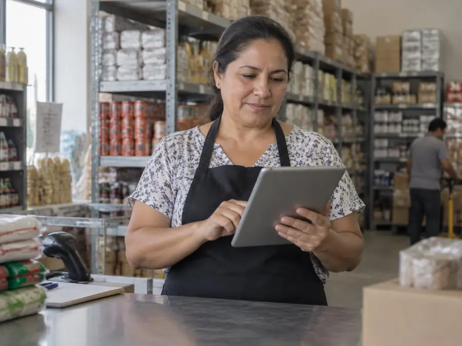 Dueña de una distribuidora revisando su inventario en una tableta