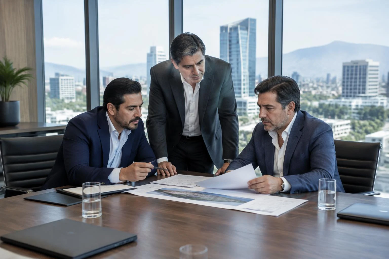 Ejecutivos mexicanos comparan documentos en una sala de juntas con vista a edificios de negocios