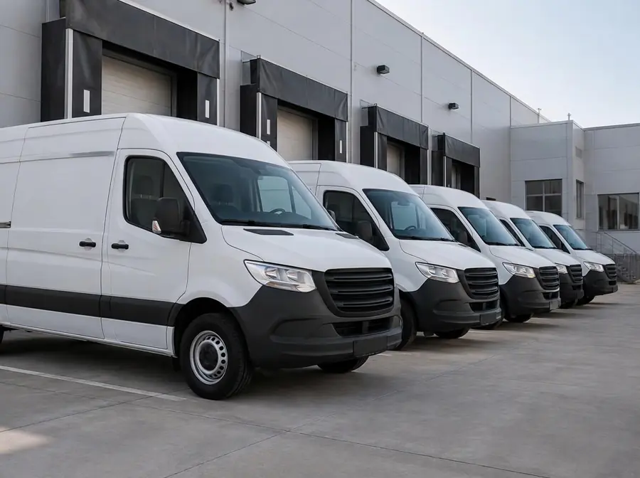Camionetas de reparto blancas estacionadas en un patio de maniobras